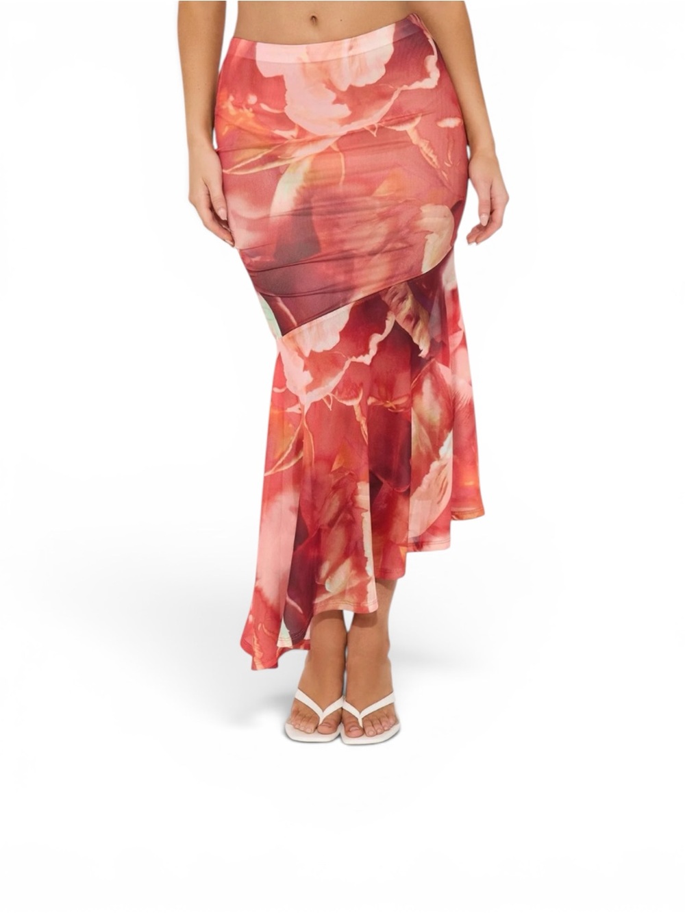 Floral Asymmetric Coral Maxi Skirt